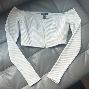 White Off-Shoulder Zip-Up Long Sleeved Top